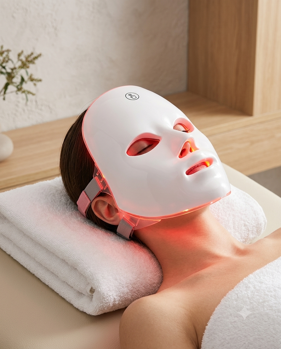 Mulher relaxando com a máscara de LED LumiMask acesa, autocuidado em casa