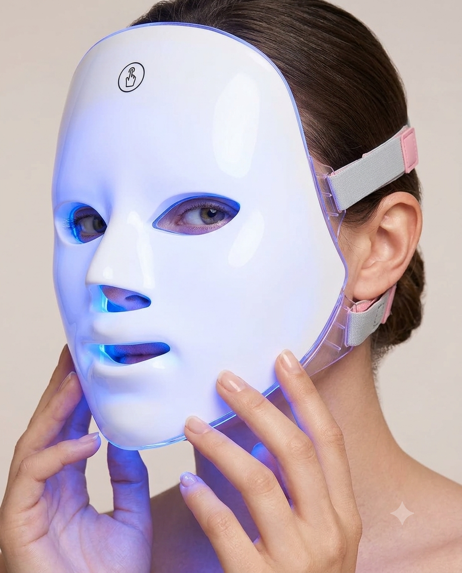 Mulher relaxada usando a máscara de LED facial LumiMask com luz vermelha
