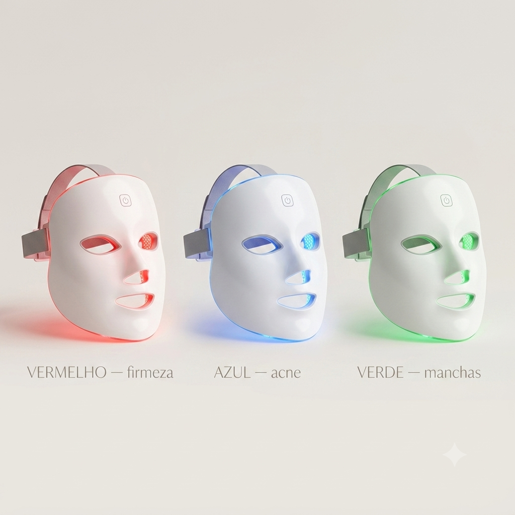 Máscara de LED LumiMask nas cores vermelho, azul e verde e suas funções