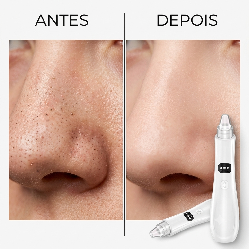 Mulher sorrindo usando o GlowVac em frente ao espelho do banheiro