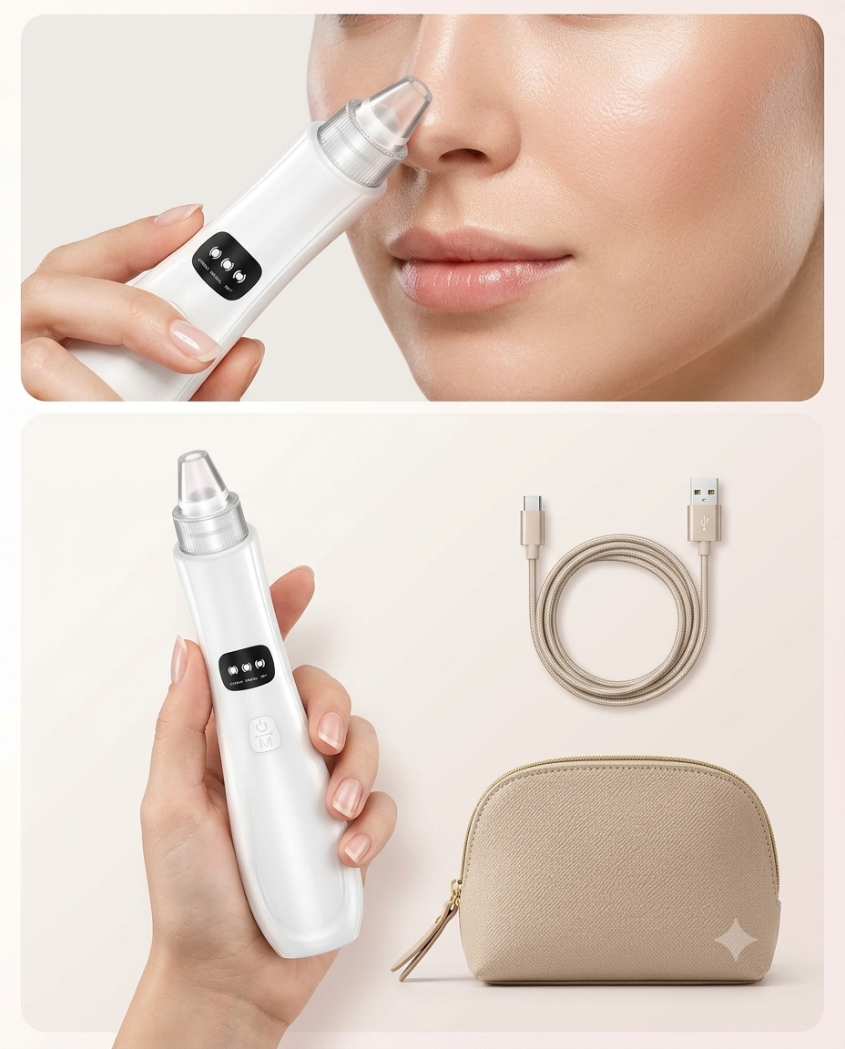 Kit GlowVac com cabo de recarga USB e necessaire, produto portátil