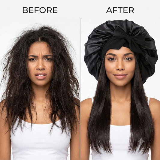 Antes e depois: cabelo com frizz e depois liso e alinhado com a touca de cetim SilkNight
