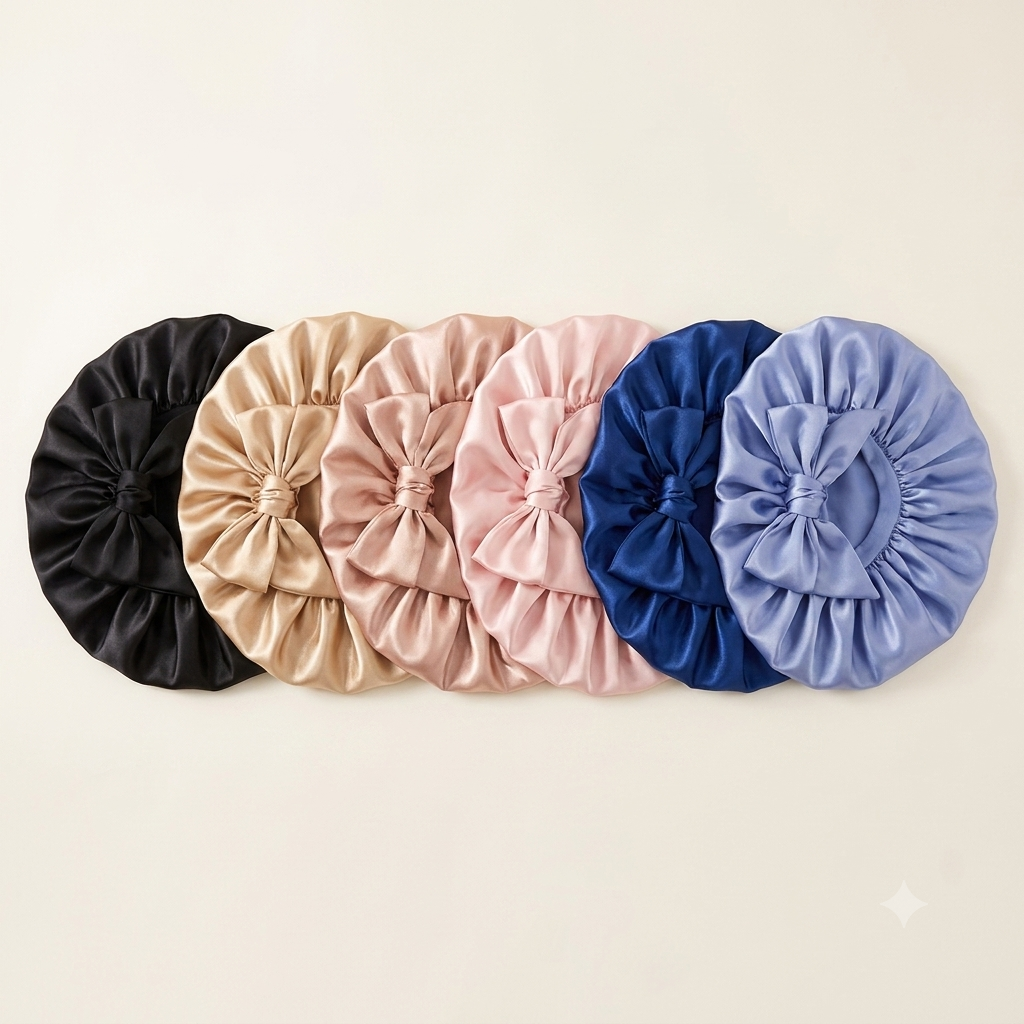 Touca de cetim SilkNight disponível em várias cores: preto, champagne, rose, rosa e azul