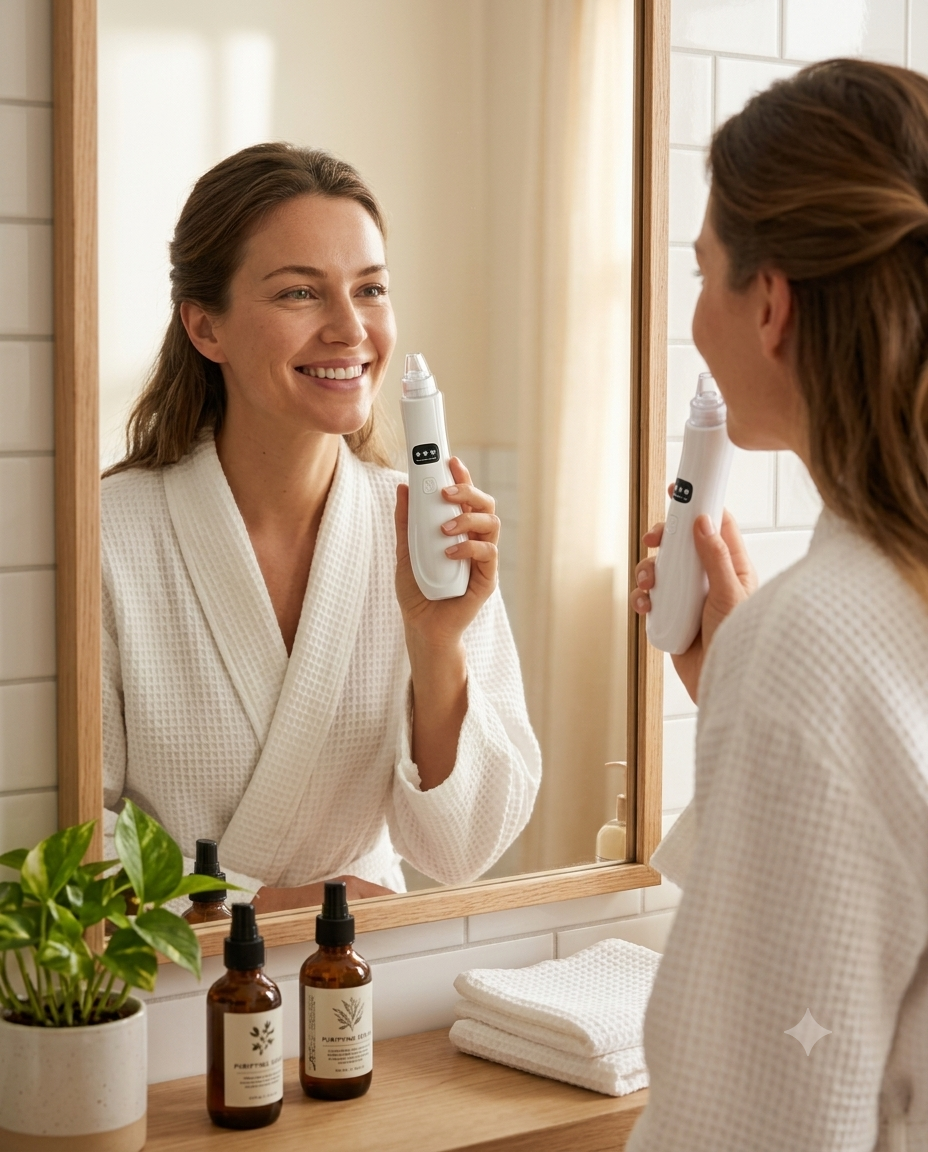 GlowVac ao lado de sérum e hidratante em bancada de mármore, rotina de skincare