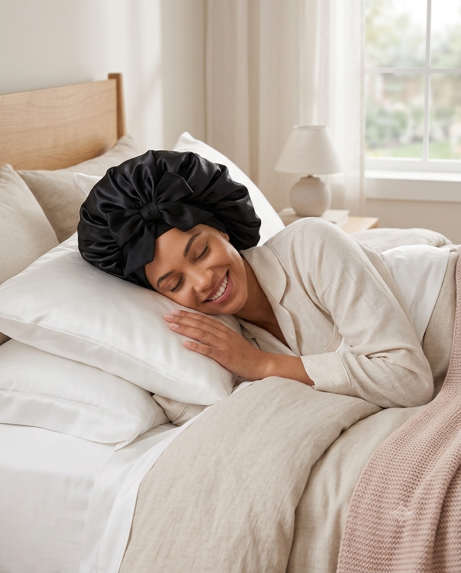 Mulher dormindo tranquila na cama usando a touca de cetim SilkNight