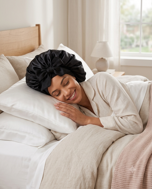 Mulher dormindo tranquila na cama usando a touca de cetim SilkNight