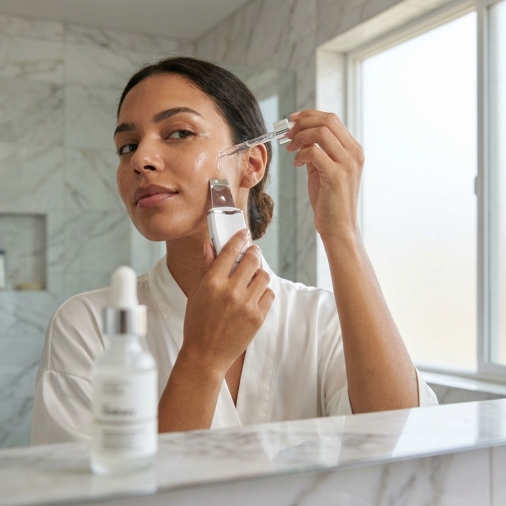 Mulher aplicando sérum e usando a Espátula para potencializar o skincare