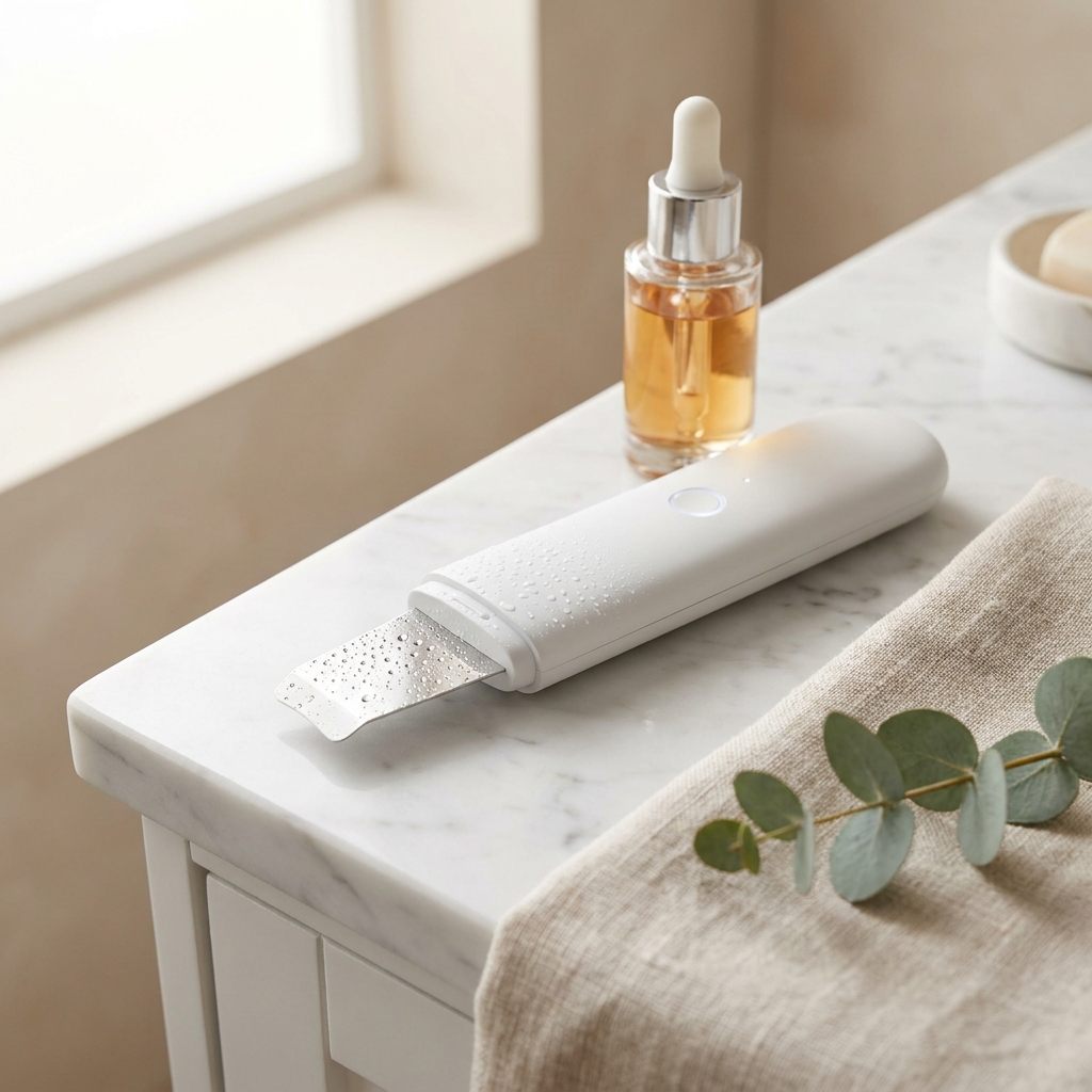 Espátula Ultrassônica GlowSkin sobre bancada de mármore com sérum e toalha